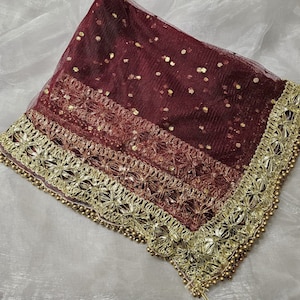 Pearl Lace Net Dupatta: Pakistani Indian Wedding Bridal Veil Maroon