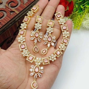 Fine Quality American Diamond With Indian Zircon Full Jewellery Set For Women Girls Gold Pink