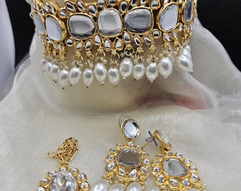 Gold Finish Kundan Choker Necklace Set: Pearls & Tikka, Desi Wedding Jewelry