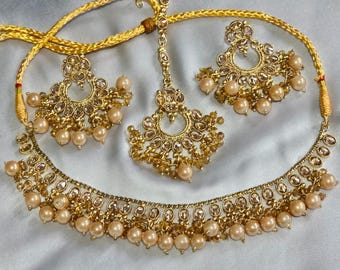 Traditional Kundan Style Full Jewellery Set With Pearls Crystals Gold
