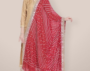 Bandhini Silk Dupatta: Printed Gotta Patti Border, Pearls Lace