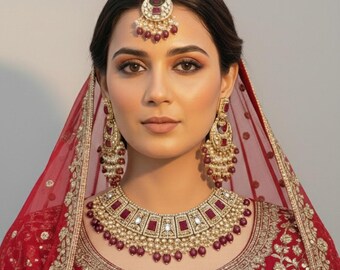 Kundan Style Indian Jewelry Set: Pearls, Stones, Tikka