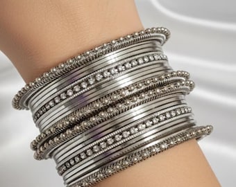 Silver Indian Bangle Set: Austrian Stone Bracelets, Set of 22