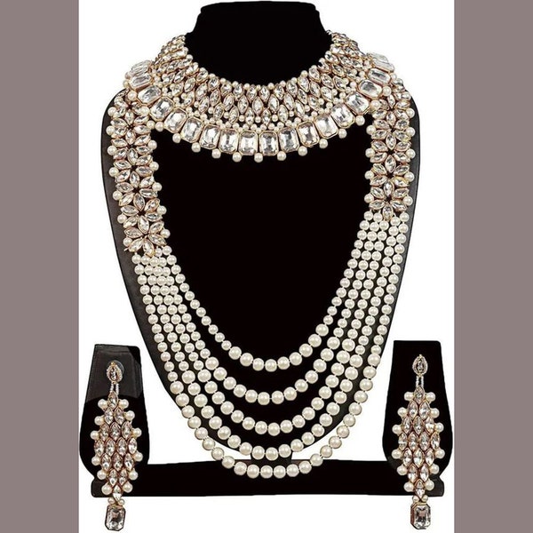 Pearls Multi layers Long Necklace Earrings Tikka teeka headpiece mala rani haar gold wedding bridal kundan style polki Bollywood jewelry