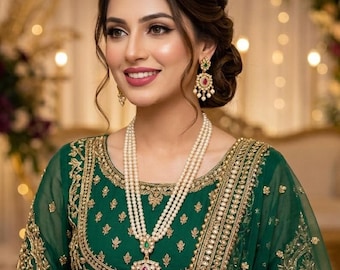 Gold Plated Indian Bridal Jewelry Set: Pota Stone Necklace & Dangler Earrings Red Green Pearls