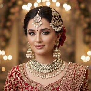 Kundan Bridal Jewelry Set: Gold Necklace, Jhumka Earrings & Tikka