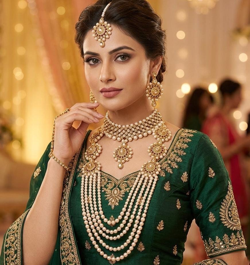 Indian Jewelry Pearl Kundan Bridal Jewelry Set: Gold Rani Haar