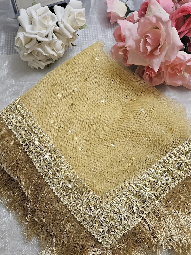 Gold Paste Printed Net Wedding Dupatta: Pakistani Indian Bridal Veil Gotta Kiran Lace Gold