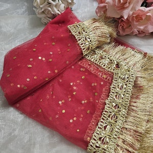 Gold Paste Printed Net Wedding Dupatta: Pakistani Indian Bridal Veil Gotta Kiran Lace Dark Pink