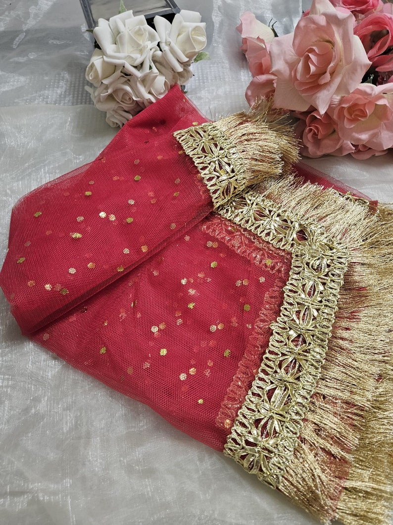 Gold Paste Printed Net Wedding Dupatta: Pakistani Indian Bridal Veil Gotta Kiran Lace Dark Pink