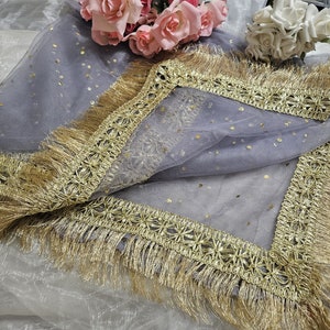 Gold Paste Printed Net Wedding Dupatta: Pakistani Indian Bridal Veil Gotta Kiran Lace Silver