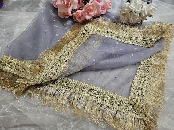 Gold Paste Printed Net Wedding Dupatta: Pakistani Indian Bridal Veil Gotta Kiran Lace