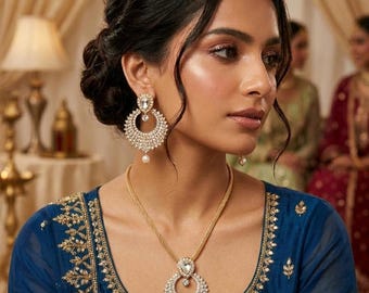 Gold Plated Bollywood Pendant Set: Austrian Stone Wedding Jewelry Indian Jewellery Chain
