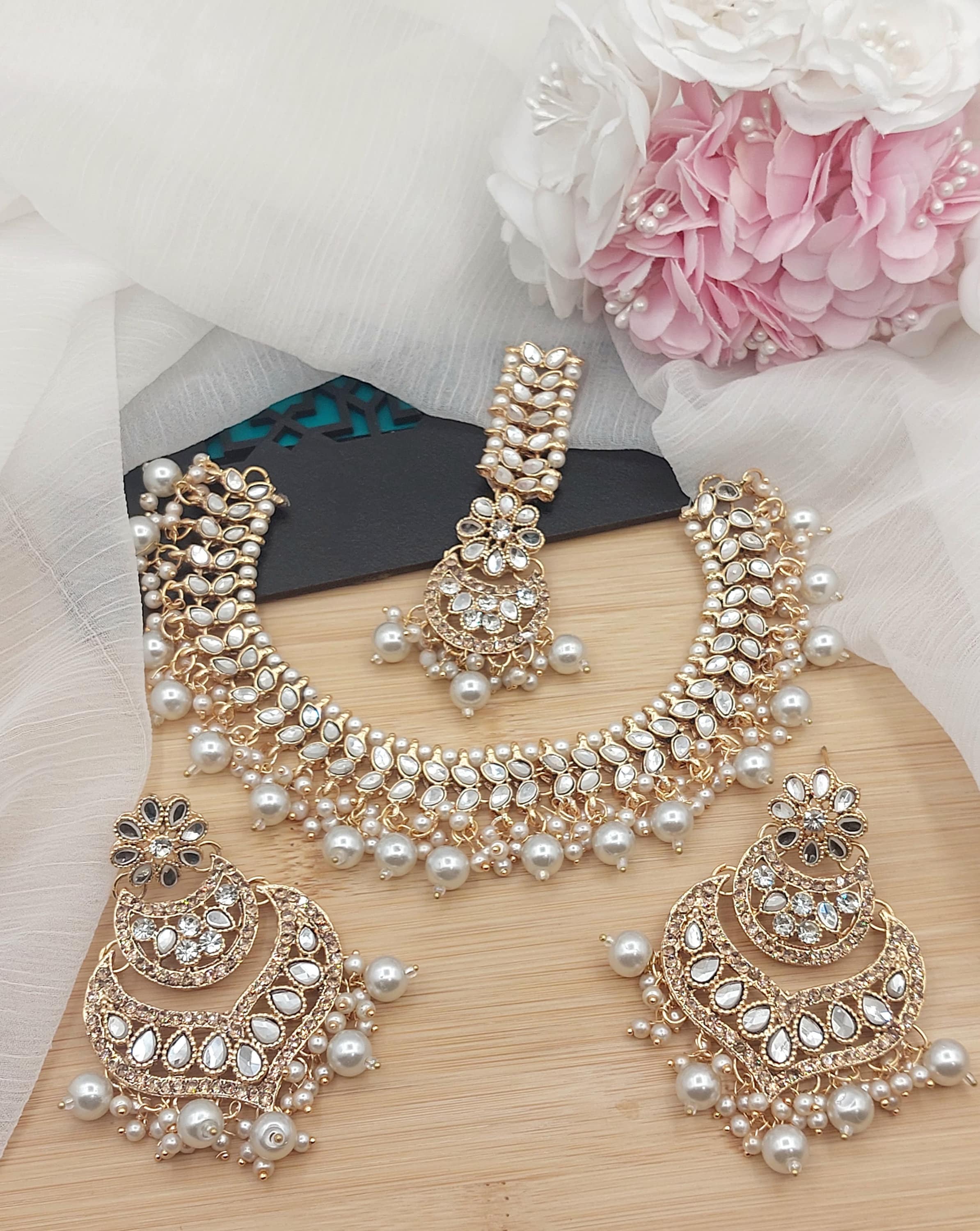 Zircon Indian Jewelry Set: Bollywood Necklace, Earrings & Tikka - Etsy