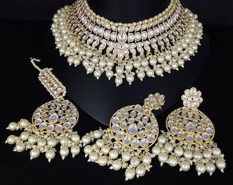 Gold Crystal Stone Necklace Set Indian Kundan Style Jewellery Set with Earings Tikka  White Stones Bridal Jewellery Set Wedding Jewellery