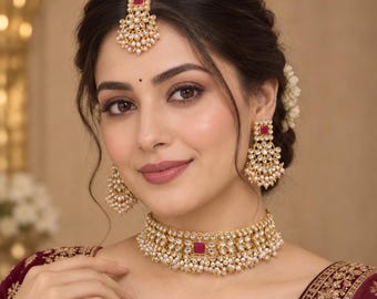 Bollywood Style Pearls Choker Necklace Set: Indian Wedding Jewelry