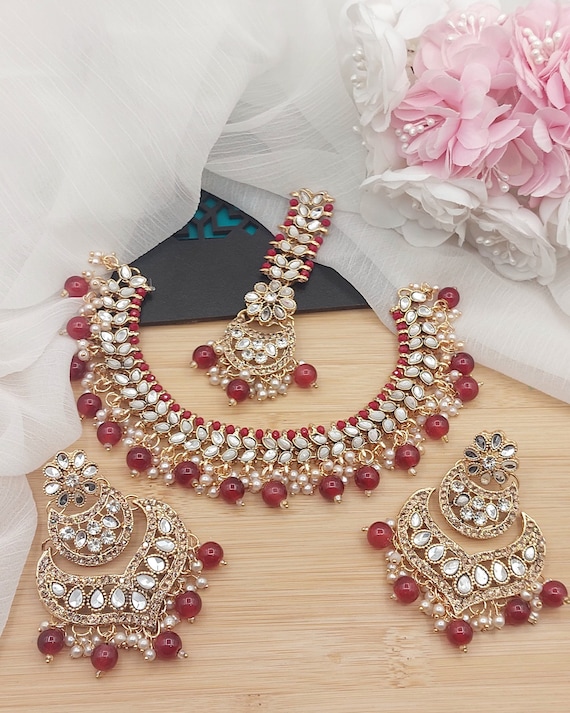 アクセサリー Indian Jewelry Zircon Indian Jewelry Set: Bollywood Necklace, Earrings & Tikka - Etsy