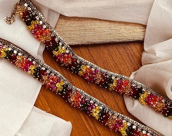 Antique Gold Gajra Anklets: Multicolour Mehndi Payal