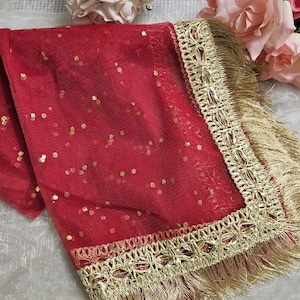 Gold Paste Printed Net Wedding Dupatta: Pakistani Indian Bridal Veil Gotta Kiran Lace Red