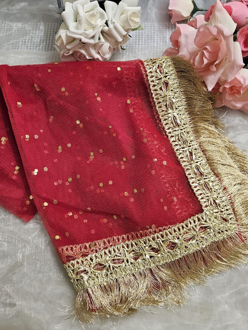 Gold Paste Printed Net Wedding Dupatta: Pakistani Indian Bridal Veil Gotta Kiran Lace Red