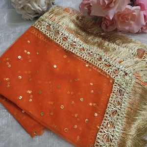 Gold Paste Printed Net Wedding Dupatta: Pakistani Indian Bridal Veil Gotta Kiran Lace Orange
