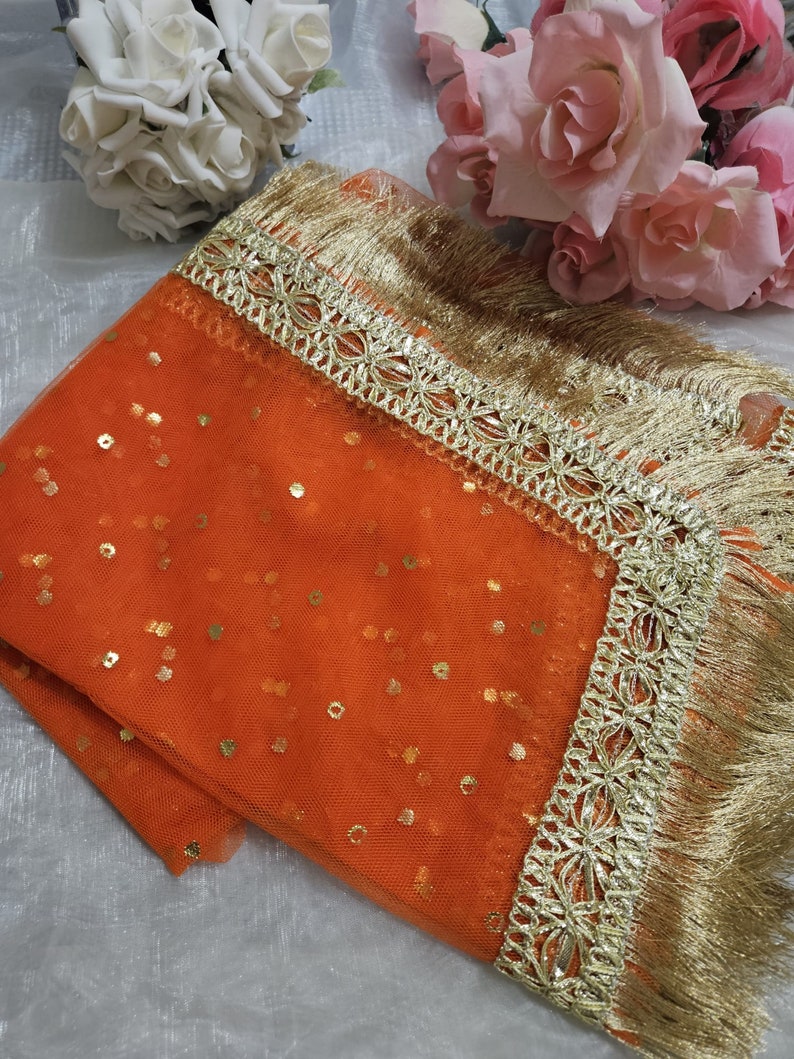 Gold Paste Printed Net Wedding Dupatta: Pakistani Indian Bridal Veil Gotta Kiran Lace Orange
