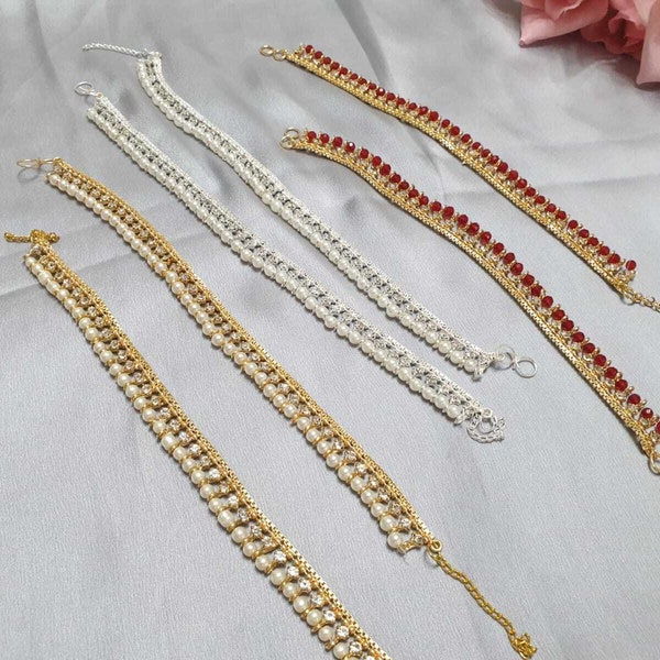 Indian Bollywood Style Gold And Silver Base Small Pearl Payal For Her Foot Jewellery Anklets Womens Weddings Occasions Jewellery