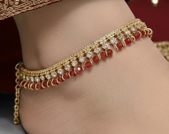 Pearl Crystal Stone Payal Anklets: Indian Bollywood Style Foot Wedding Jewelry