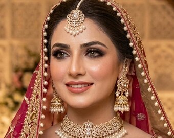 Kundan Style Bridal Choker Set: Bollywood Indian Pakistani Wedding Jewelry, Jhumka Earrings, Tikka