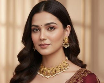Gold Plated Pota Stone & Pearl Choker Necklace Earring Set