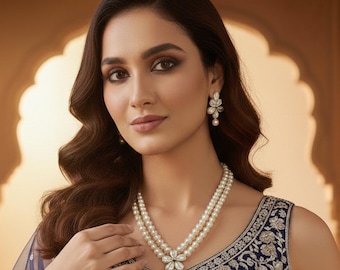 Gold Plated Kundan Pearl Necklace Set: Indian Jewelry Pendant Style Stones Pendant