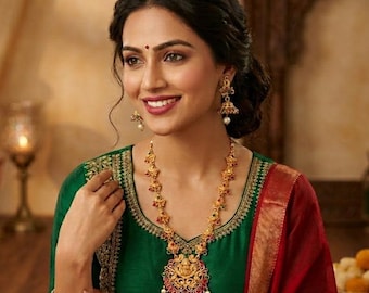 Gold Plated Indian Necklace Earring Set: Multicolour Pota Stone Jewelry Nauratan