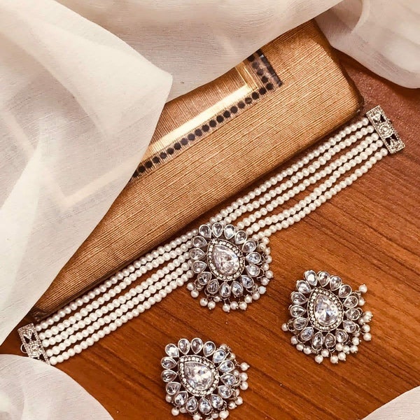 Indian Pakistani Kundan Choker Womens Full Jewellery Set With Pearls And Stones Ideal For Weddings Parties Occasions