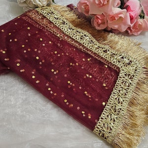 Gold Paste Printed Net Wedding Dupatta: Pakistani Indian Bridal Veil Gotta Kiran Lace Maroon