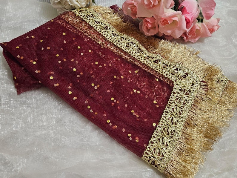 Gold Paste Printed Net Wedding Dupatta: Pakistani Indian Bridal Veil Gotta Kiran Lace Maroon