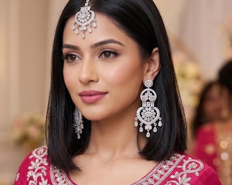 Silver Plated Zircon White Stone Dangler Earrings with Matha Tikka: Indian Jewelry Sets
