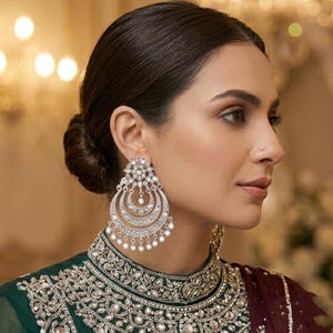 Silver Plated Kundan & Stone Pearl Dangler Earrings Indian Jewelry
