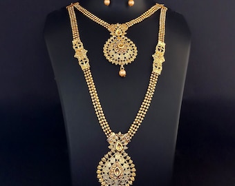 Gold Base Indian Asian Pakistani Style Long Necklace Jewellery Set With Stones Indian Wedding Jewellery Sets Mala Sets Jhumki Sets