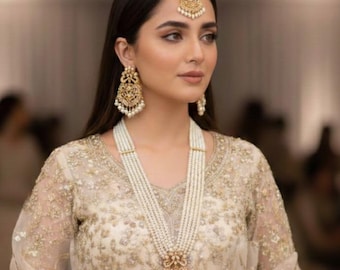Indian Pakistani Gold Farshi Kundan Long Pearl Pendant Mala Set With Stones