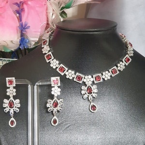 Fine Quality American Diamond With Indian Zircon Full Jewellery Set For Women Girls Silver Red