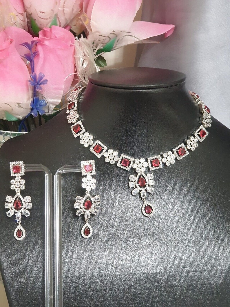 Fine Quality American Diamond With Indian Zircon Full Jewellery Set For Women Girls Silver Red