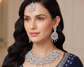 Silver Plated Indian Jewelry Set Stones Big Earrings Necklace Tikka