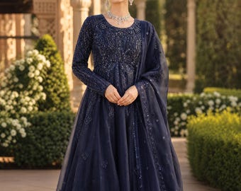 Navy Blue Formal Maxi Anarkali Dress | Heavy Pearls Stones Embroidery | Modest Sleeve Evening Dress | Net Flared Skirt Occasion Dress |