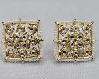 Gold Brass Kundan Stud Earrings: Indian Pearl Jewelry
