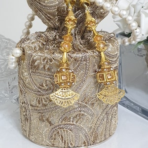 Women's Fancy Bucket Clutch Purse Potli Party Pouch Pearl Drawstring Bag Wedding Black Golden