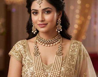 Indian Jewellery Pearl Kundan Bridal Jewelry Set: Rani Haar Necklace, Earrings, Tikka & Bracelet