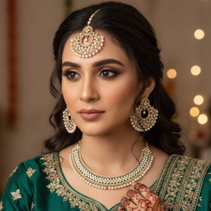 Polki Indian Jewelry Set: Bollywood Style Necklace, Earrings, Tikka Mehndi Jewelry Chand Bali image 1