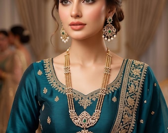 Gold Base Indian Jewelry Set: Long Necklace & Dangler Earrings Red Green White Stones Wedding Gifts