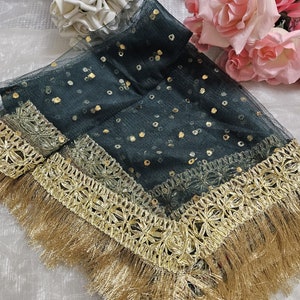Gold Paste Printed Net Wedding Dupatta: Pakistani Indian Bridal Veil Gotta Kiran Lace Bottle Green
