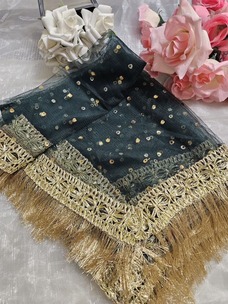 Gold Paste Printed Net Wedding Dupatta: Pakistani Indian Bridal Veil Gotta Kiran Lace Bottle Green